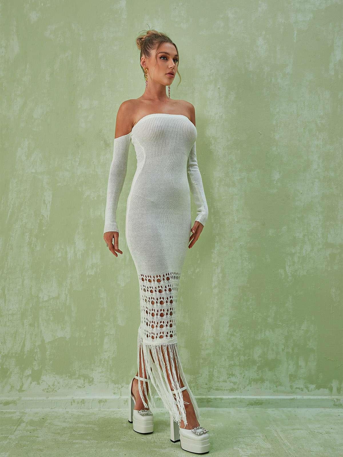 Strapless Rib Knit Detached Sleeve Fringe Maxi Dress