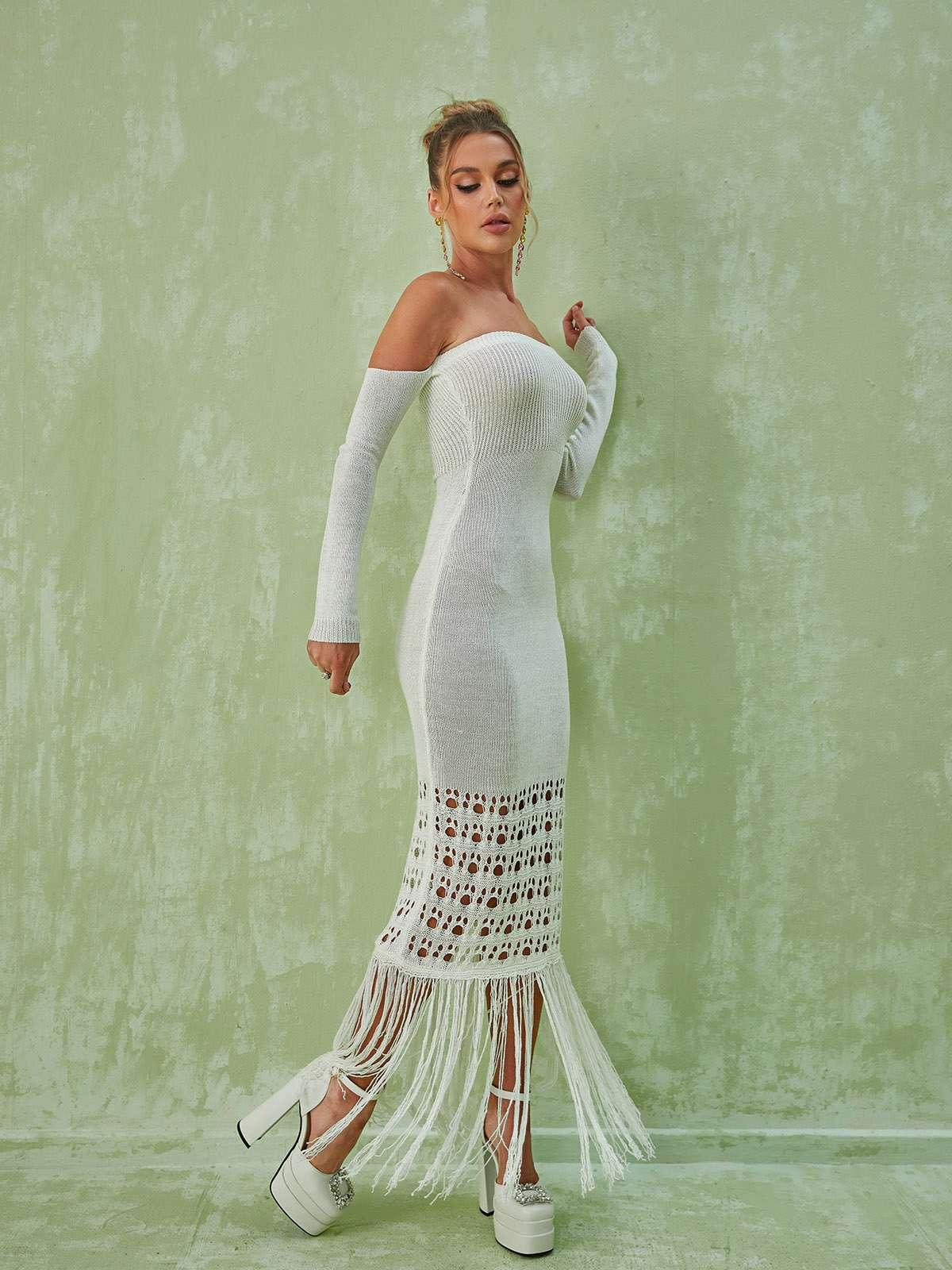 Strapless Rib Knit Detached Sleeve Fringe Maxi Dress
