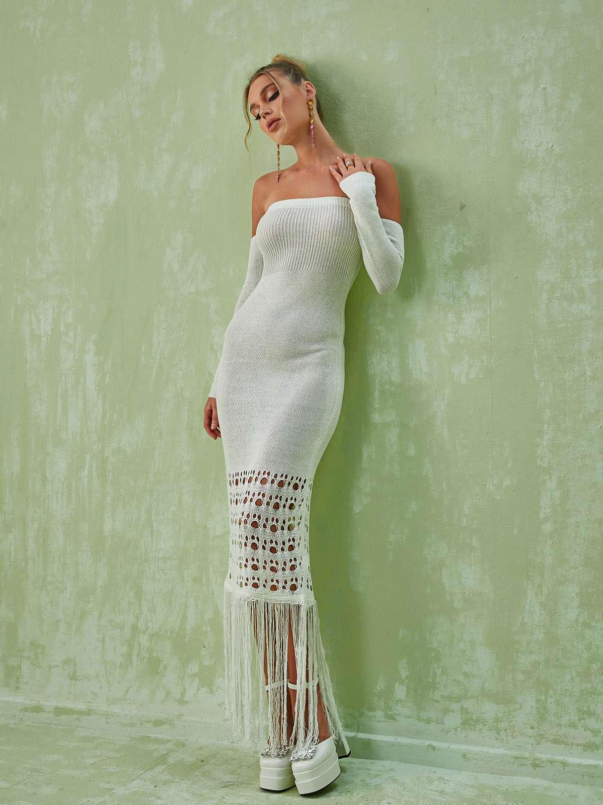 Strapless Rib Knit Detached Sleeve Fringe Maxi Dress