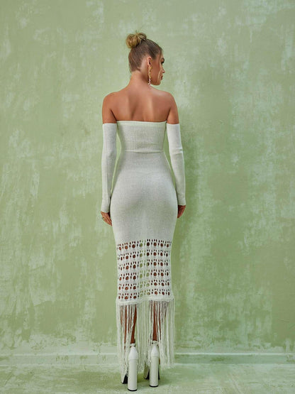 Strapless Rib Knit Detached Sleeve Fringe Maxi Dress