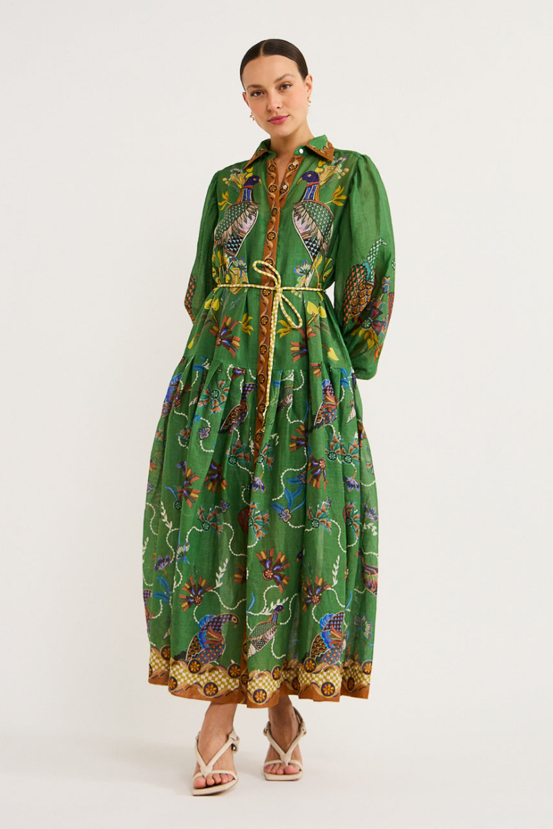 Balloon Sleeve Bird Floral Print Button Front Belted Maxi Shirt Dress
