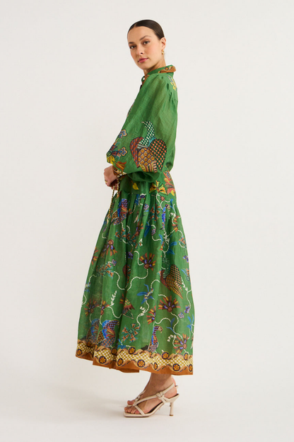 Balloon Sleeve Bird Floral Print Button Front Belted Maxi Shirt Dress