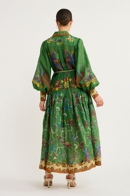 Balloon Sleeve Bird Floral Print Button Front Belted Maxi Shirt Dress