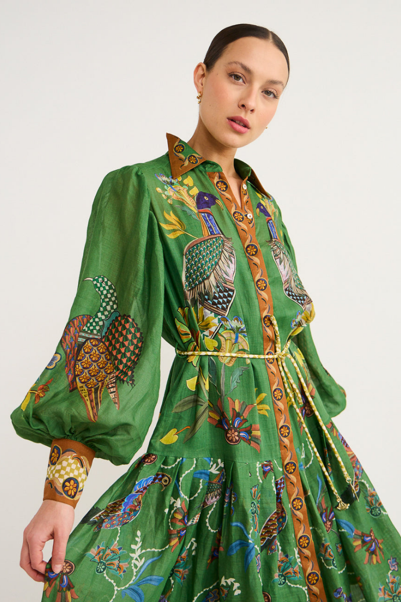 Balloon Sleeve Bird Floral Print Button Front Belted Maxi Shirt Dress