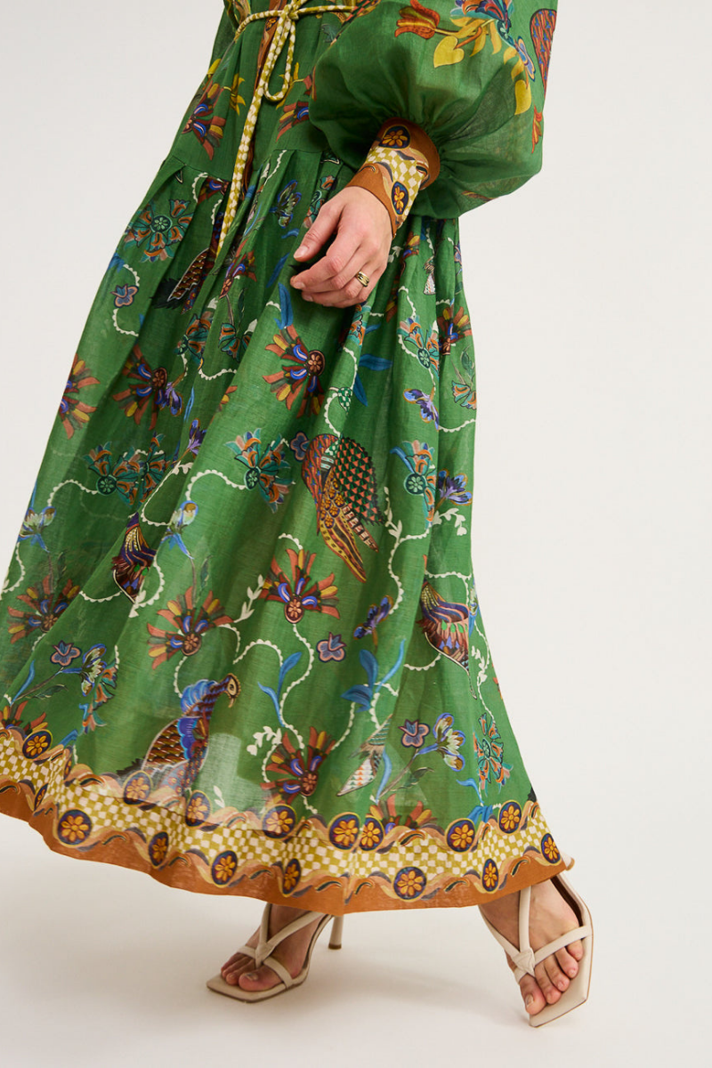 Balloon Sleeve Bird Floral Print Button Front Belted Maxi Shirt Dress