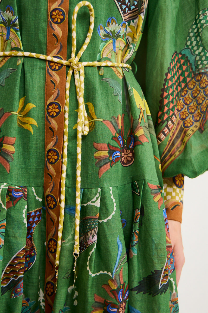 Balloon Sleeve Bird Floral Print Button Front Belted Maxi Shirt Dress