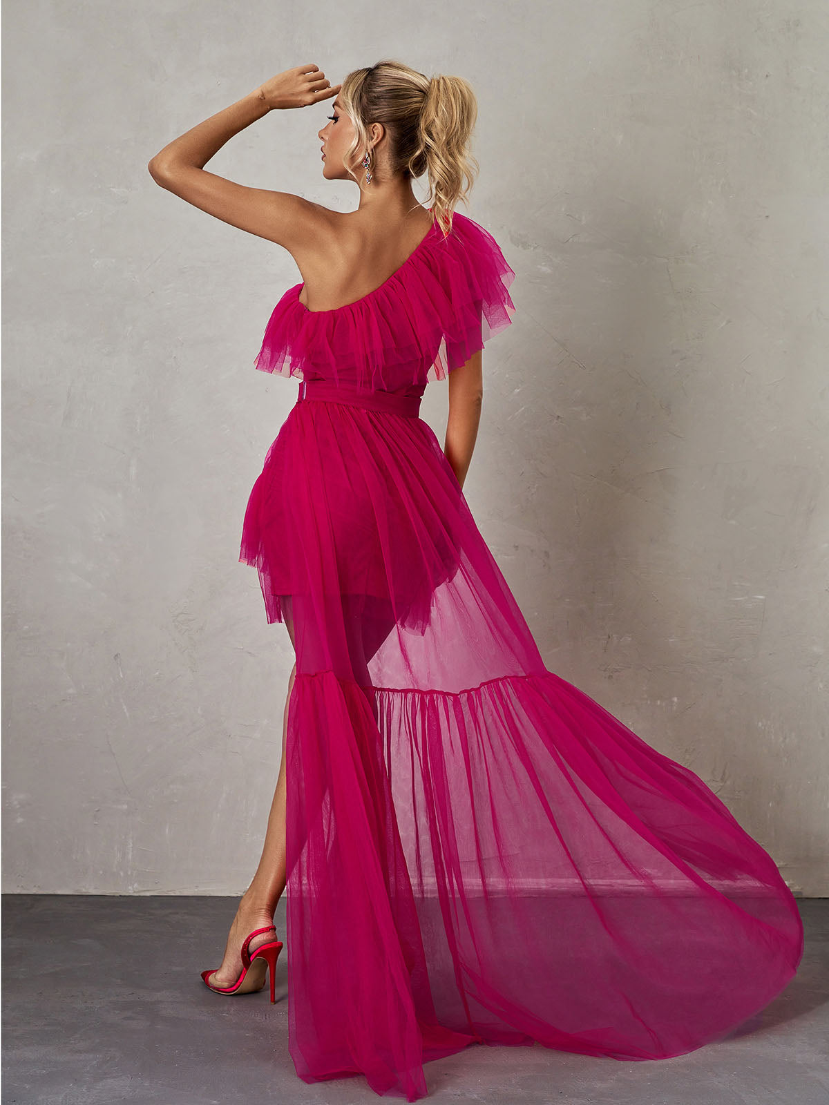 One Shoulder Tulle Ruffle Mini Dress
