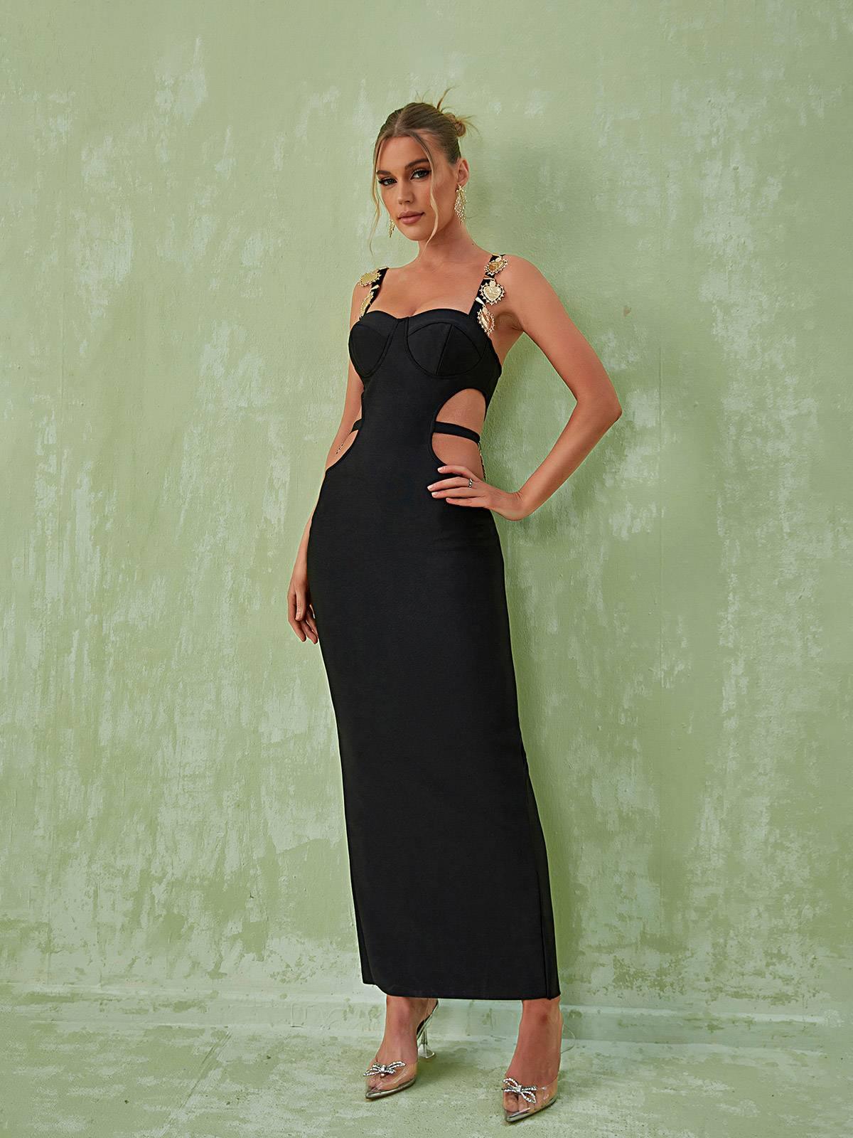 Sweetheart Embellished Strap Waist Cutout Bodycon Maxi Dress