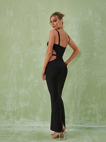 Sweetheart Contrast Cup Waist Cutout Side Slit Bodycon Maxi Dress