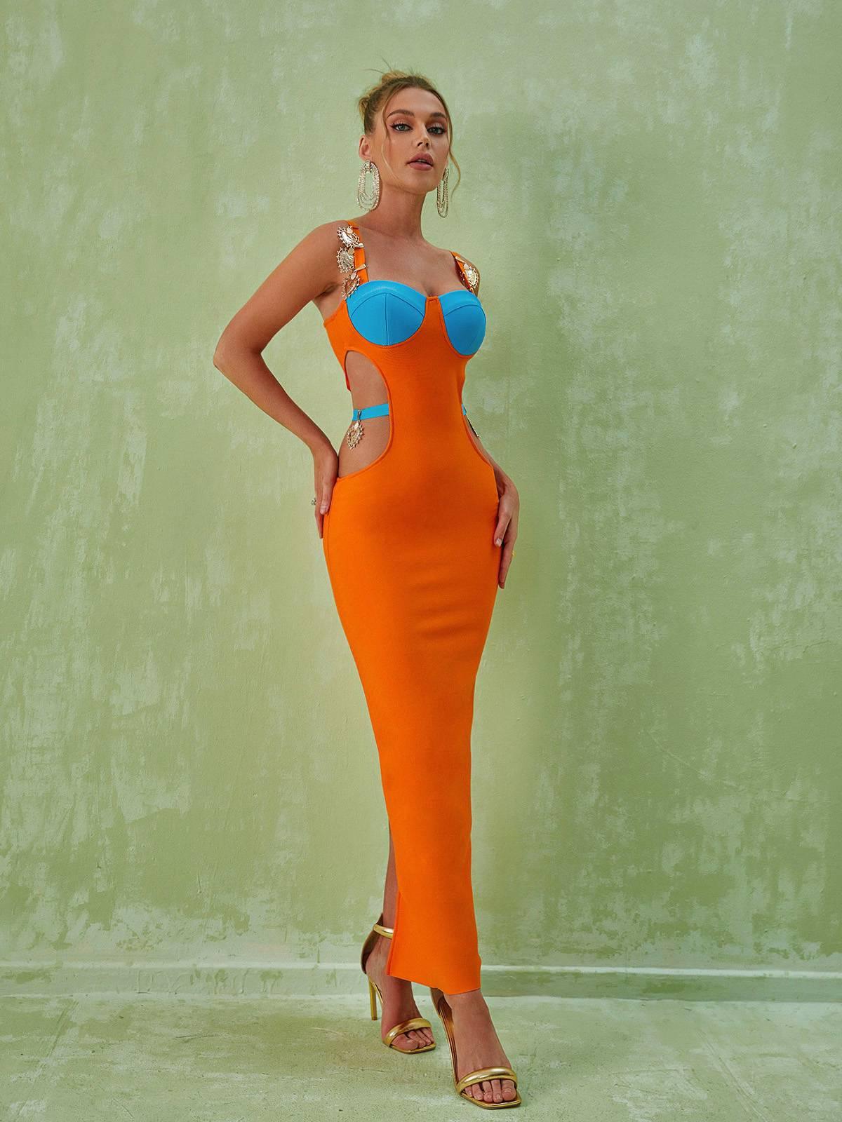 Contrast Bustier Cutout Jeweled Strap Bandage Bodycon Maxi Dress