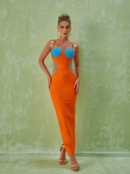 Contrast Bustier Cutout Jeweled Strap Bandage Bodycon Maxi Dress