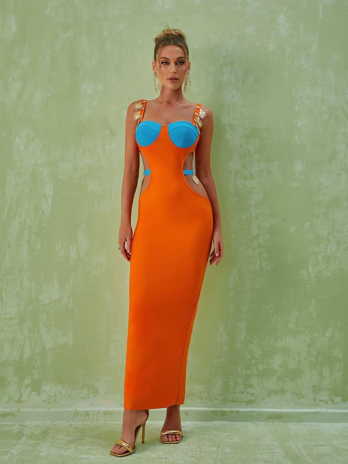 Contrast Bustier Cutout Jeweled Strap Bandage Bodycon Maxi Dress