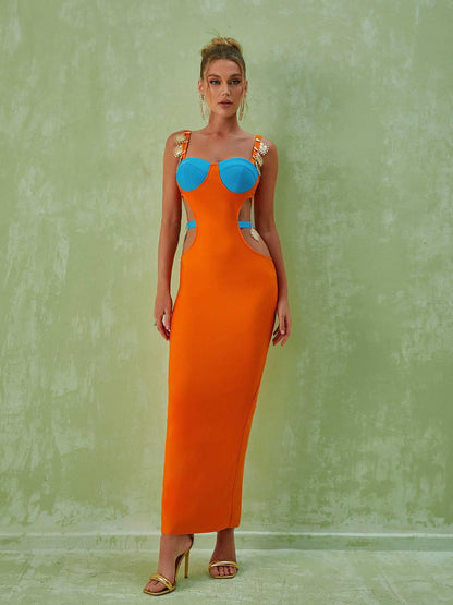 Contrast Bustier Cutout Jeweled Strap Bandage Bodycon Maxi Dress