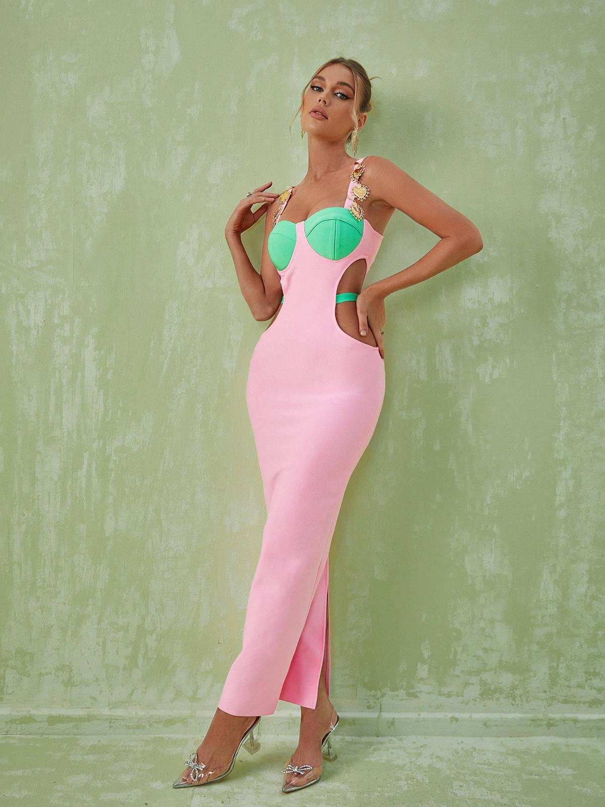 Sweetheart Contrast Cup Waist Cutout Side Slit Bodycon Maxi Dress