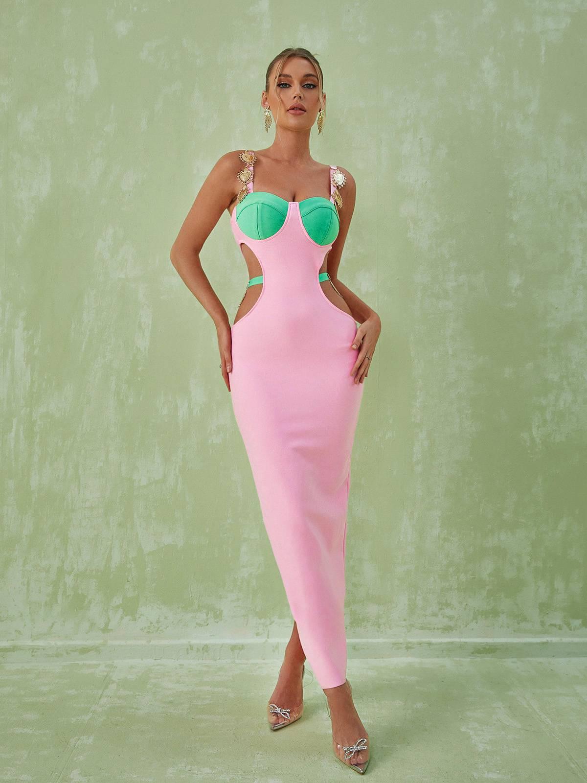 Contrast Bustier Cutout Jeweled Strap Bandage Bodycon Maxi Dress