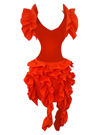 Sleeveless V Neck Cutout Waist Cascading Ruffle Tier Asymmetric Mini Dress