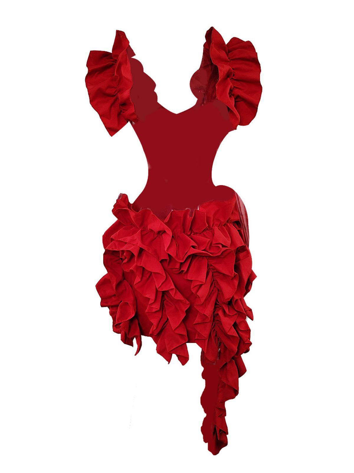 Deep V Open Side Cascading Ruffle Asymmetric Mini Dress