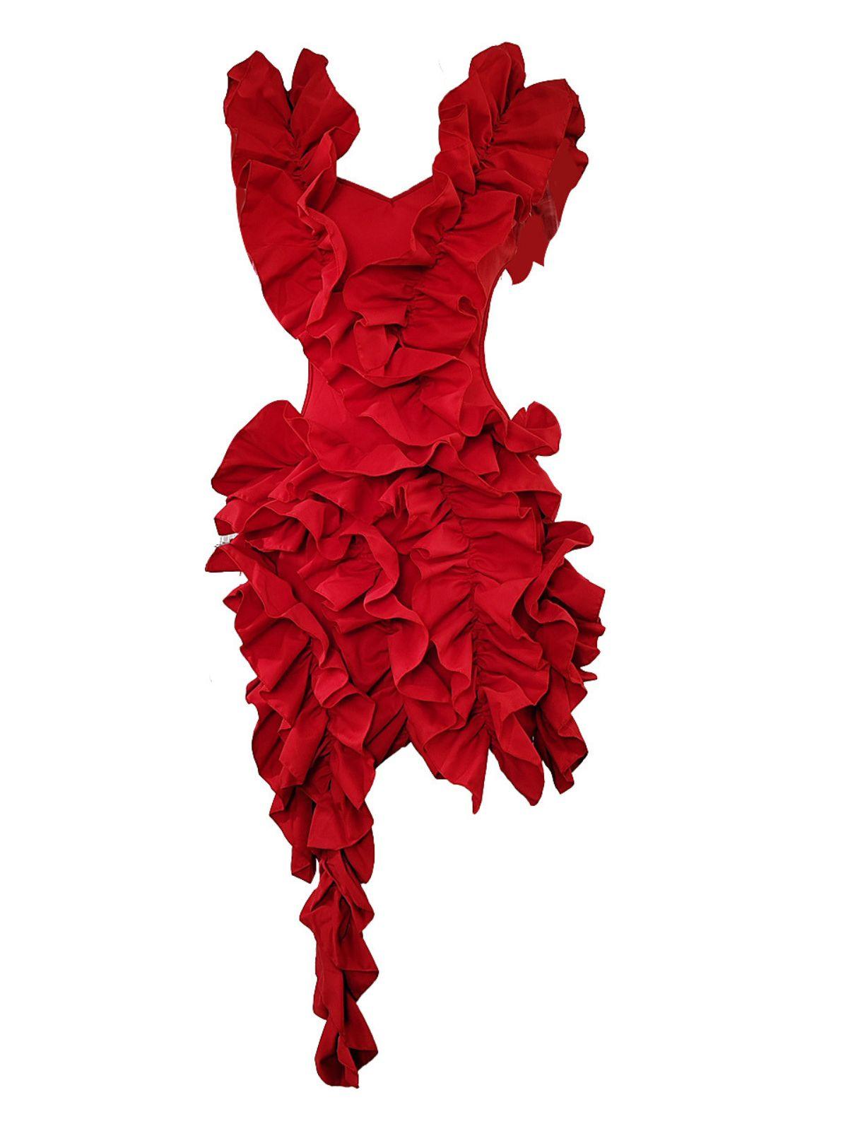Deep V Open Side Cascading Ruffle Asymmetric Mini Dress