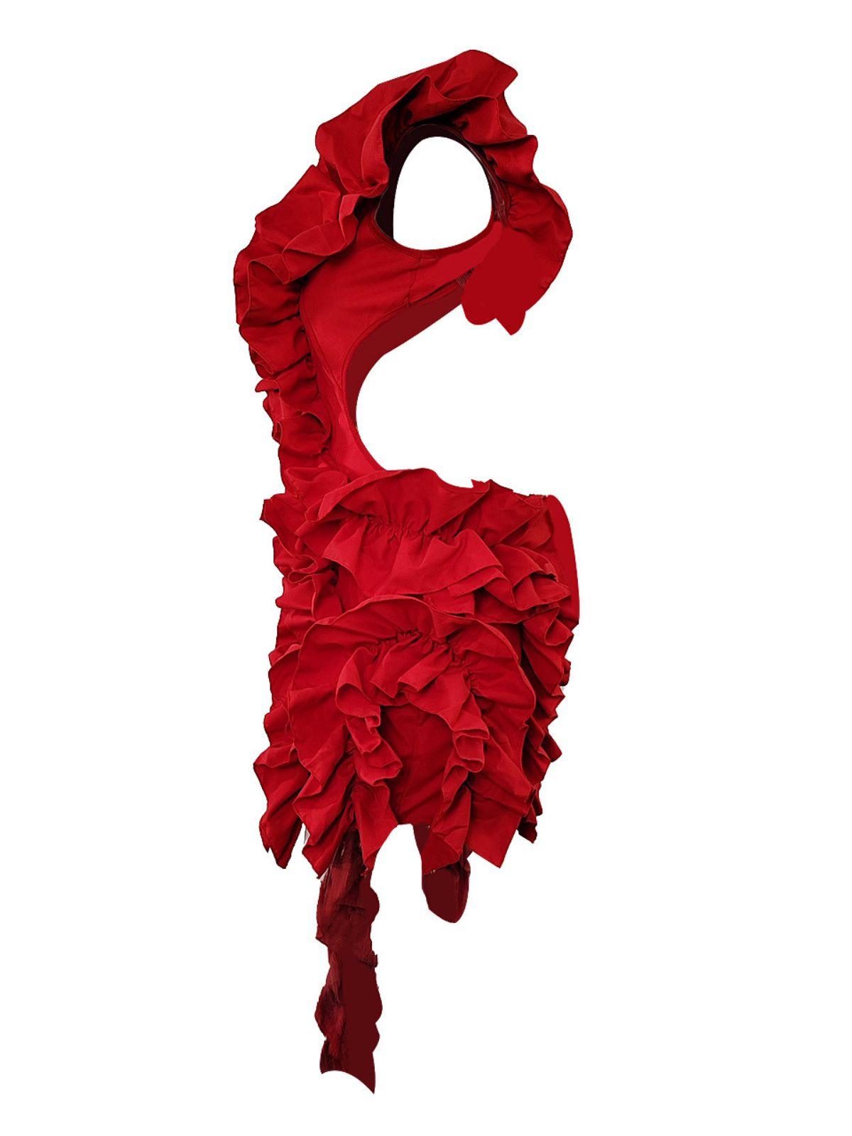 Deep V Open Side Cascading Ruffle Asymmetric Mini Dress