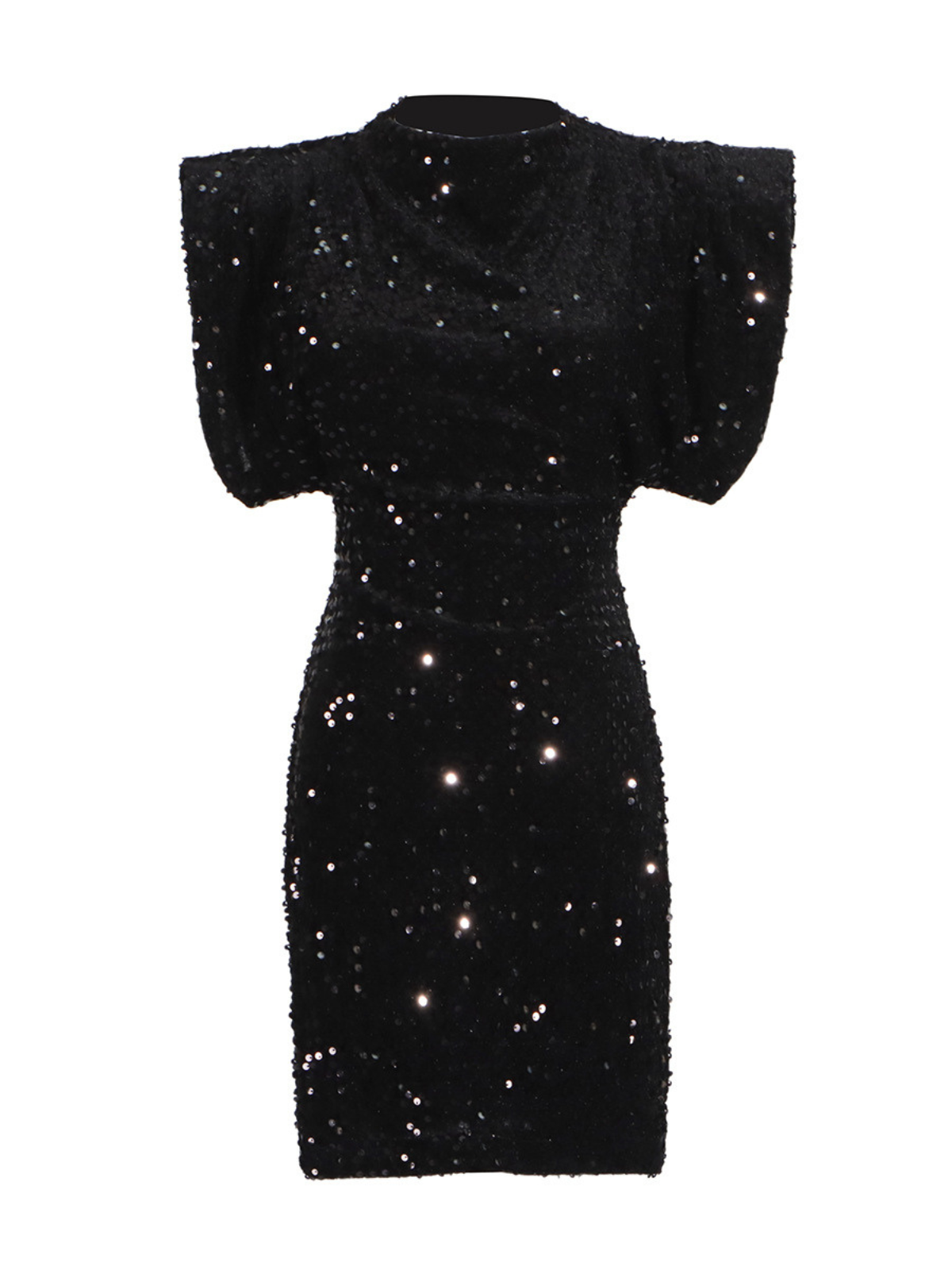 Mock Neck Padded Shoulder Sequin Bodycon Mini Dress