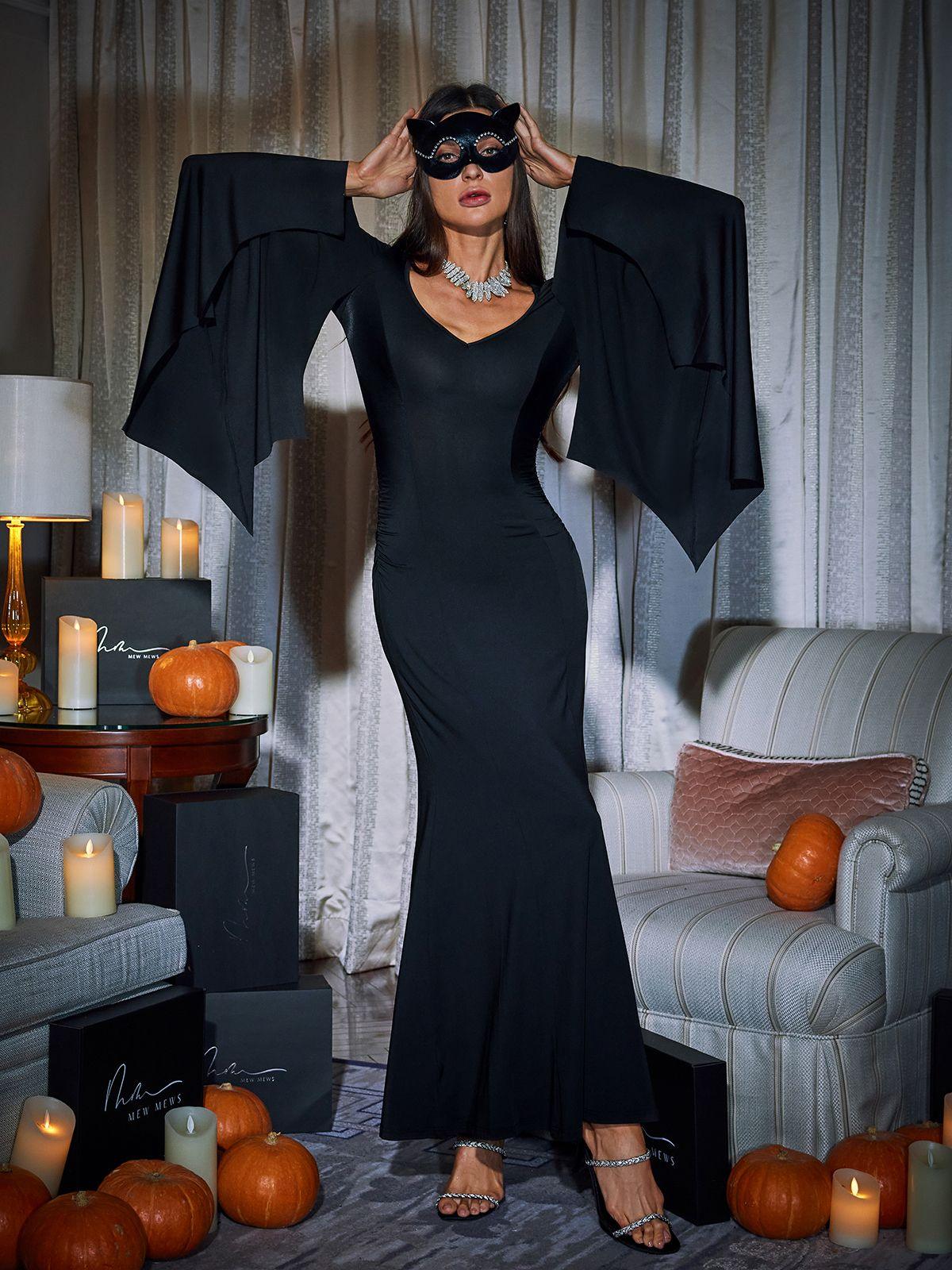 Deep V Scalloped Batwing Sleeve Ruched Column Maxi Dress