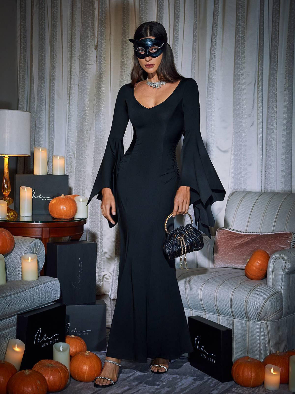 Deep V Scalloped Batwing Sleeve Ruched Column Maxi Dress