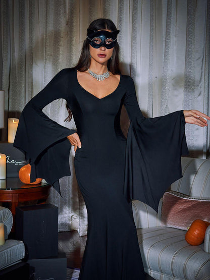Deep V Scalloped Batwing Sleeve Ruched Column Maxi Dress