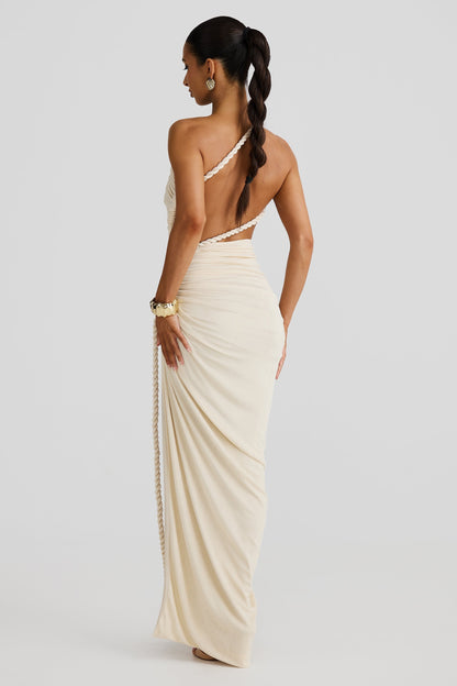 One Shoulder Ruched Crop Top Rope Detail High Slit Maxi Skirt Set