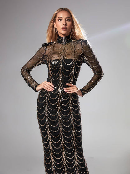 Mock Neck Long Sleeve Sheer Mesh Scalloped Chain Sequin Mermaid Maxi Gown
