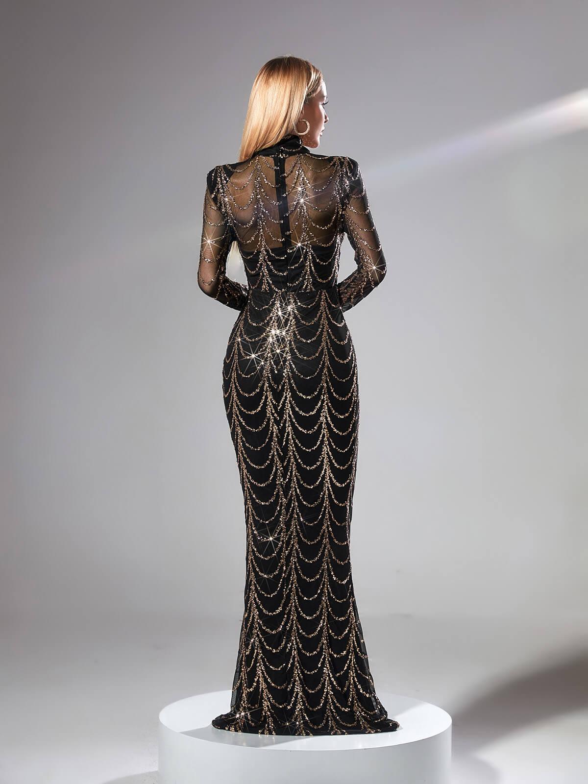 Mock Neck Long Sleeve Sheer Mesh Scalloped Chain Sequin Mermaid Maxi Gown