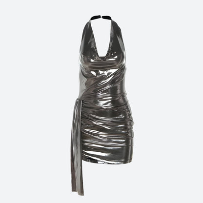 Metallic Halter Neck Cowl Neck Ruched Wrap Tulip Hem Mini Dress