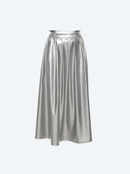 Sleeveless Mock Neck Ruched Crop Top Metallic Pleated Maxi Skirt Set