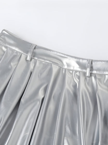 Sleeveless Mock Neck Ruched Crop Top Metallic Pleated Maxi Skirt Set