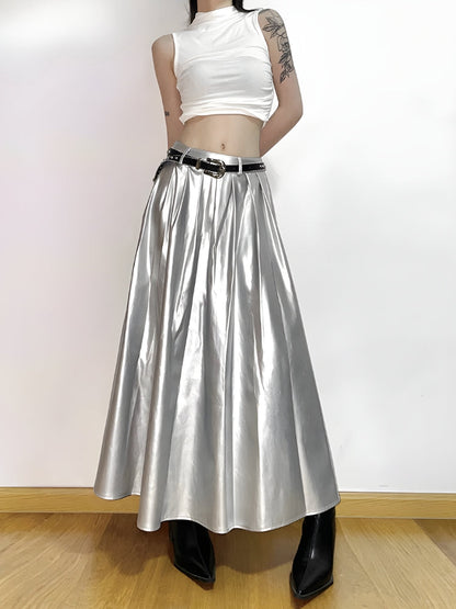 Sleeveless Mock Neck Ruched Crop Top Metallic Pleated Maxi Skirt Set