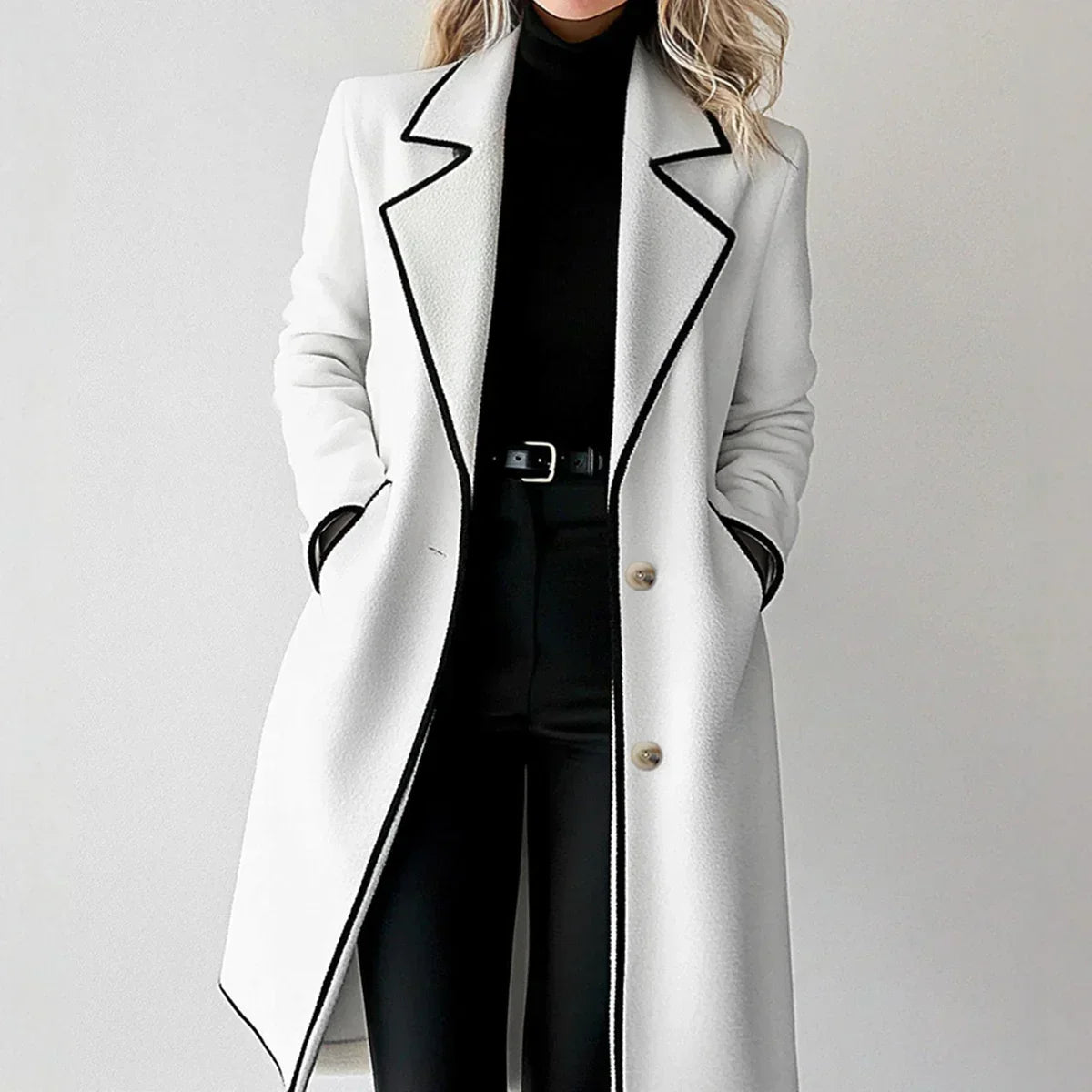 Striped Lapel Full Sleeve Woolen Overcoat