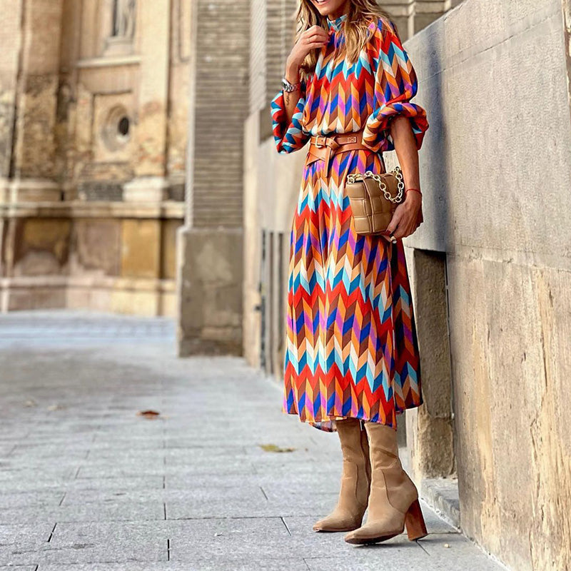 Chevron Print Pleated Mock Neck Long Sleeve Midi Dress