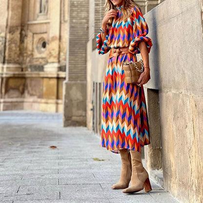 Chevron Print High Neck Long Sleeve Pleated Midi Dress