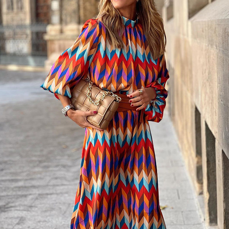 Chevron Print Pleated Mock Neck Long Sleeve Midi Dress