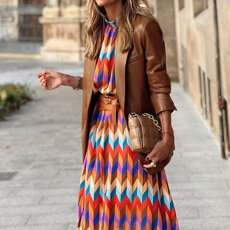 Chevron Print High Neck Long Sleeve Pleated Midi Dress