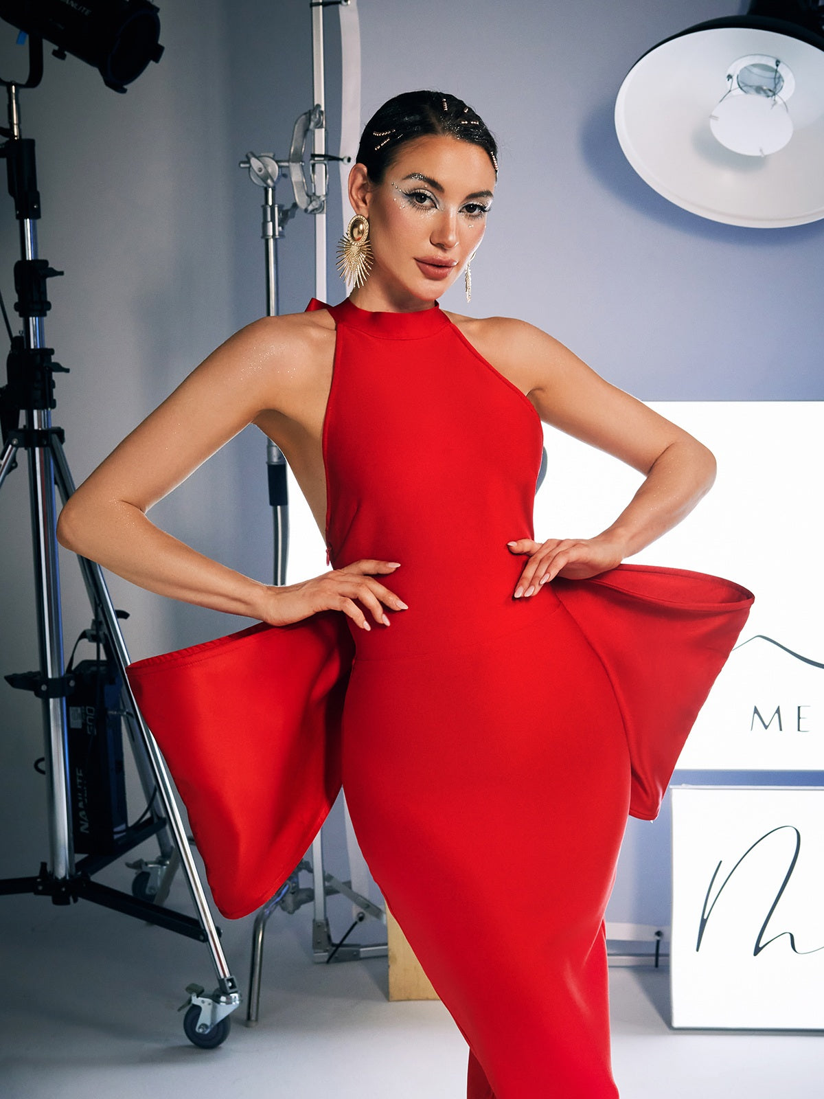 Strapless Sweetheart Bow Detail High Slit Bandage Midi Dress
