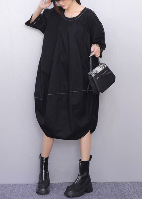 Crew Neck Contrast Stitch Cocoon Balloon Hem Midi Dress