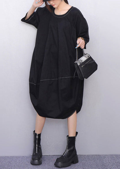 Crew Neck Contrast Stitch Cocoon Balloon Hem Midi Dress