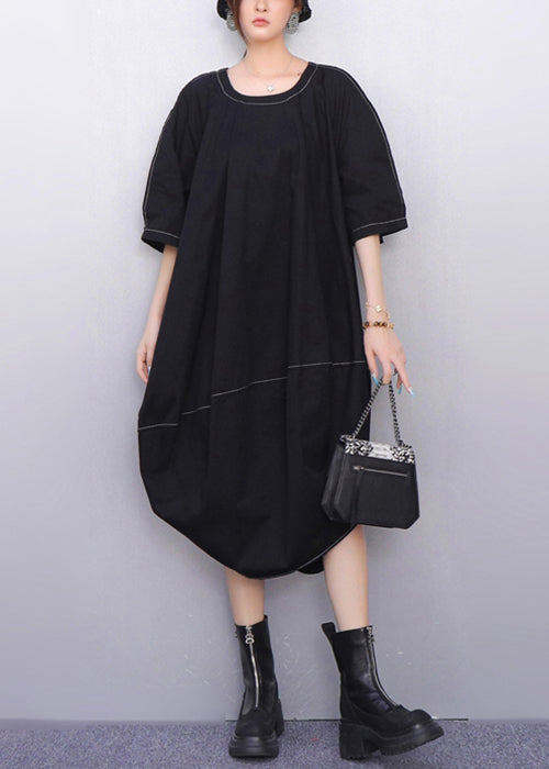 Crew Neck Contrast Stitch Cocoon Balloon Hem Midi Dress