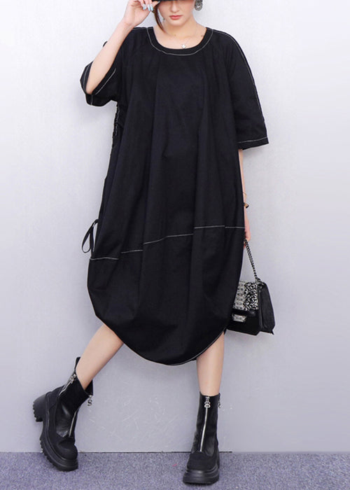 Crew Neck Contrast Stitch Cocoon Balloon Hem Midi Dress