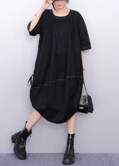Crew Neck Contrast Stitch Cocoon Balloon Hem Midi Dress