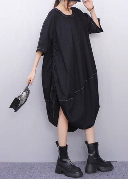 Crew Neck Contrast Stitch Cocoon Balloon Hem Midi Dress