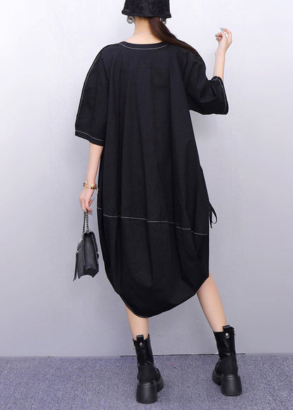 Crew Neck Contrast Stitch Cocoon Balloon Hem Midi Dress