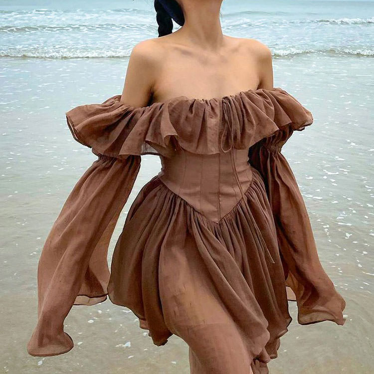 Off Shoulder Ruffle Neck Lantern Sleeve Corset Basque Waist Mini Dress