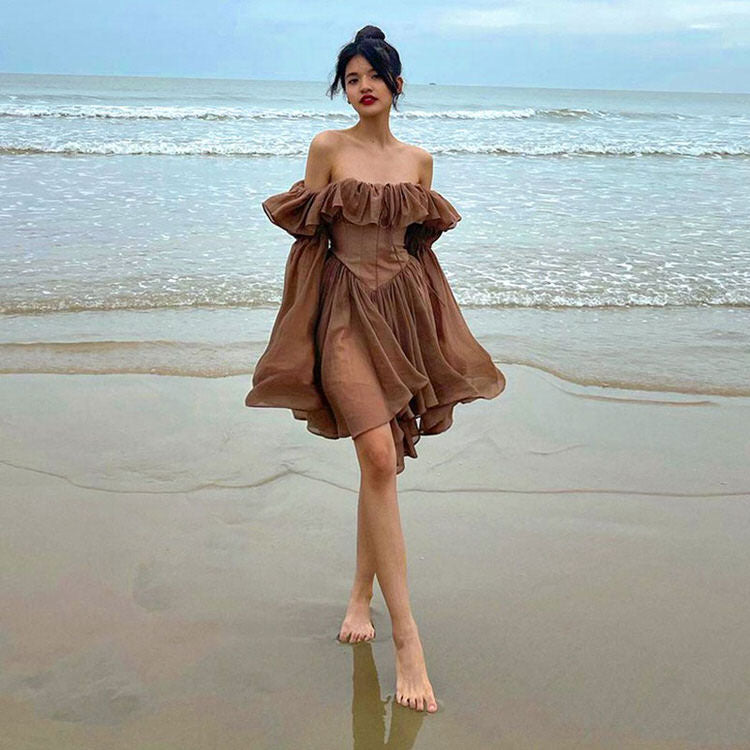 Off Shoulder Ruffle Neck Lantern Sleeve Corset Basque Waist Mini Dress