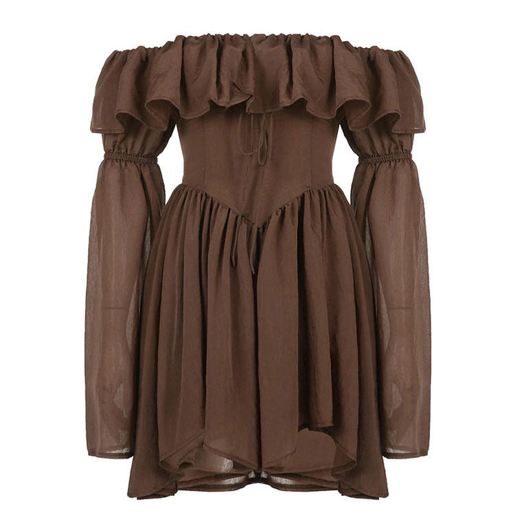Off Shoulder Ruffle Neck Lantern Sleeve Corset Basque Waist Mini Dress